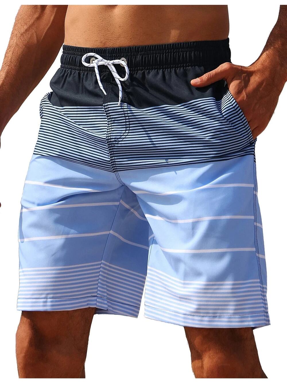 Mens Swim Trunks Beach Boardshorts size 2XL Blue Stripe Lined Drawstring Pocket